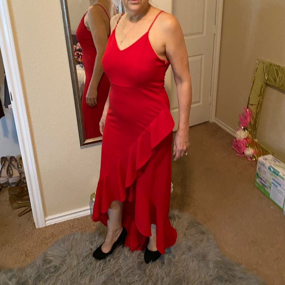 Long ruffled red party coctel prom event dress